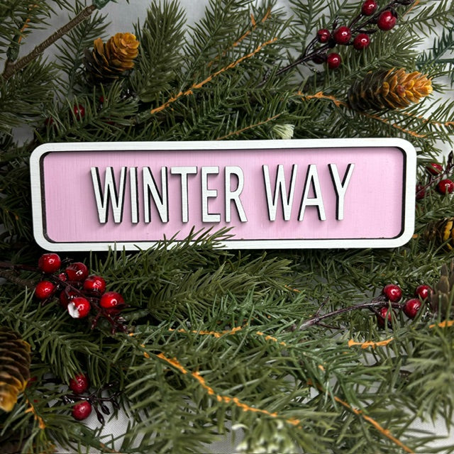 Pink Winter Way Mini Wood Sign