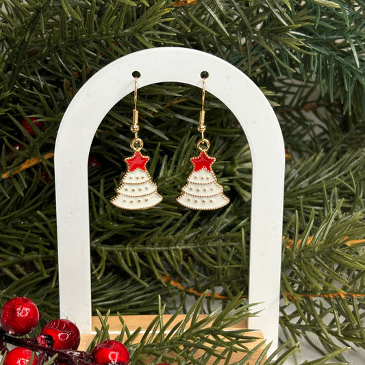 Red and White Christmas Tree Earrings