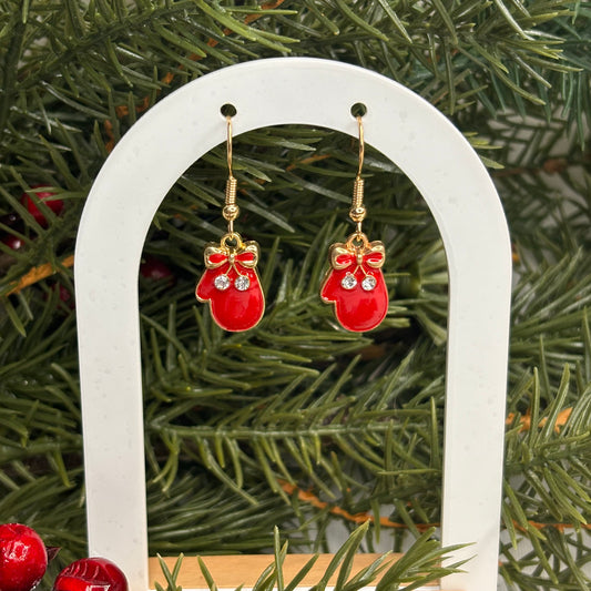 Red Bow Mitten Earrings