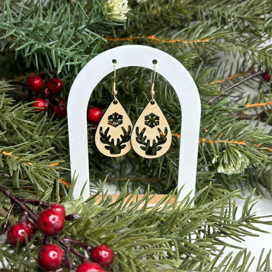 Deer and Snowflake Wood Earrings